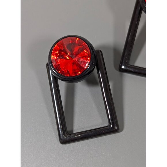 Black Red Geometric Rivoli Rhinestone Drop Earrings Statement Bold 80s - Picture 5 of 9